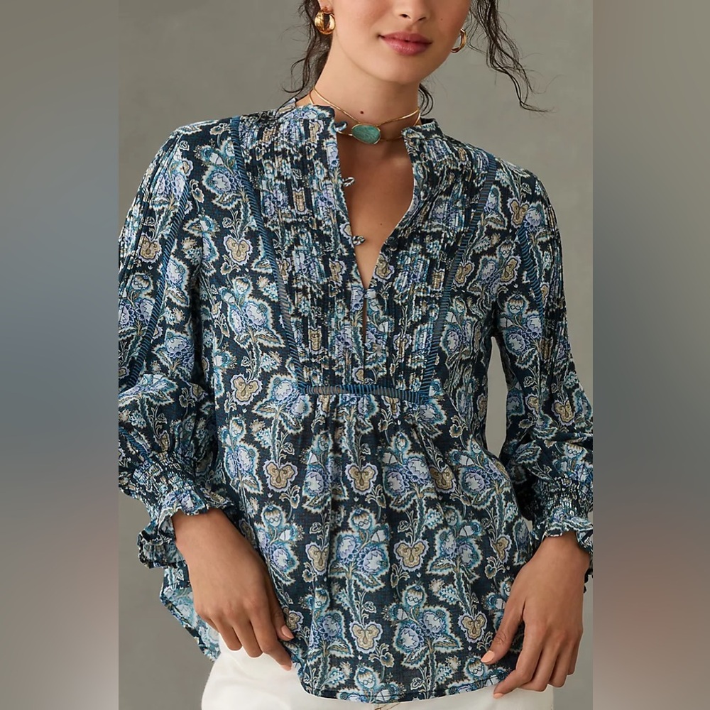 By Anthropologie Blue Printed Henley Peasant Blouse